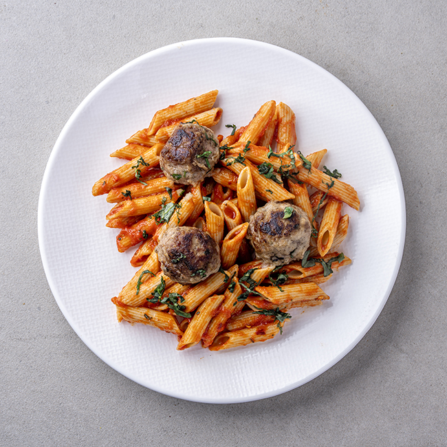 Pomodoro Meatballs with Whole Wheat Penne